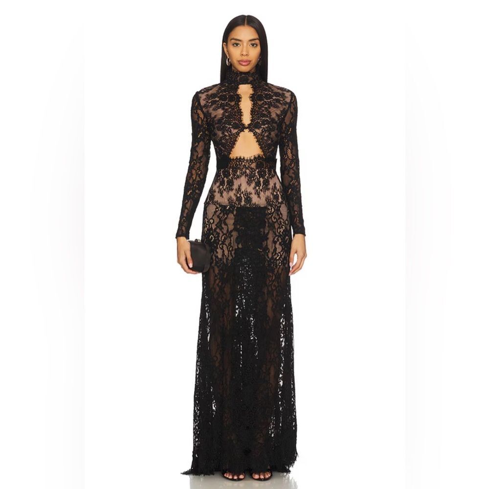 Bronx and Banco Black Lace Maxi Dress with Nude Lining